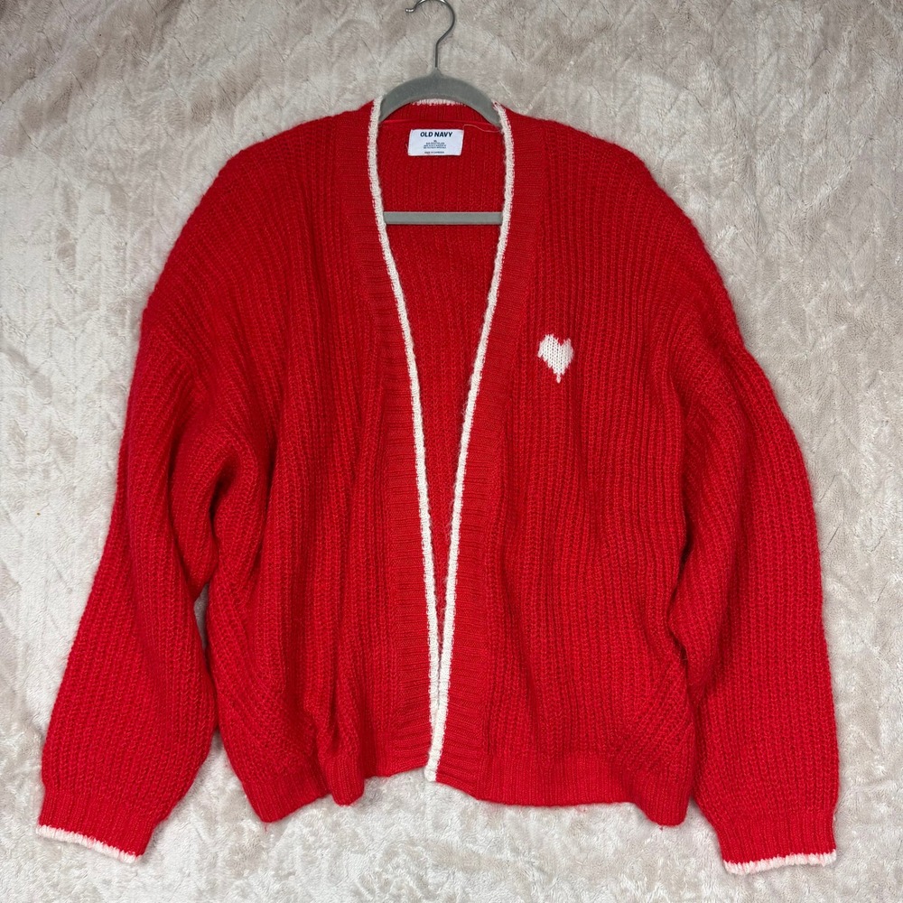Old Navy Red Heart Rib-Knit Open Front Cardigan Sweater XL V-Day Cardi Rougever